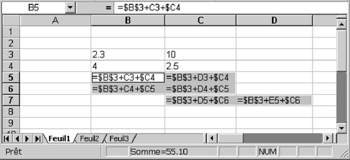 Figure 2.35 : Formules obtenues dans les cellules grisées par copier-coller de B5