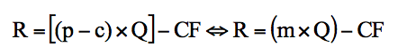R=[(p-c)xQ]-CF <=> R = (mxQ) - CF