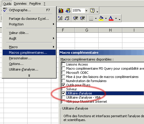 Illustration en image du param�trage de l'option "Utilitaire d'analyse"