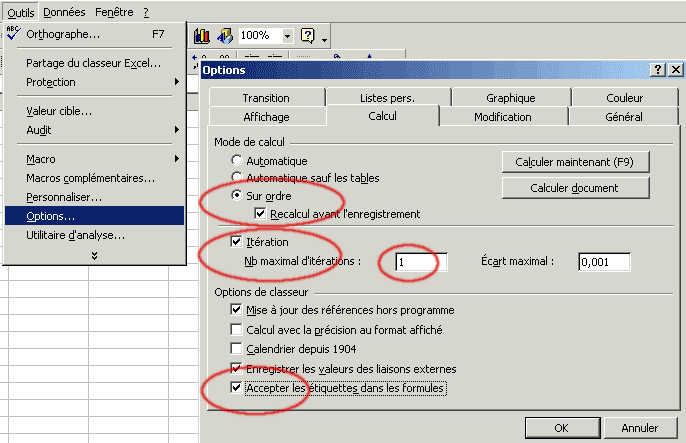 illustration en image du param�trage de l'option Calcul